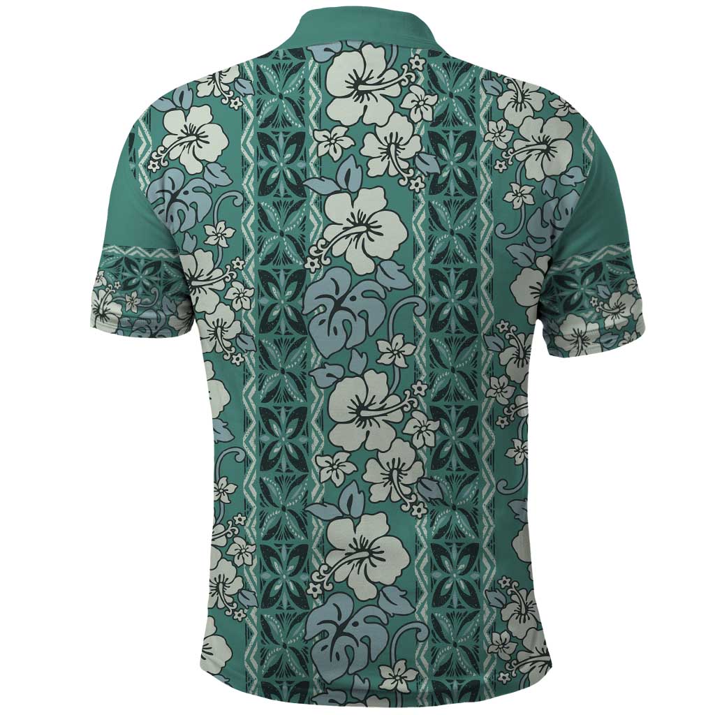 Hawaii Vintage Green Hibiscus Tapa Pattern Polo Shirt