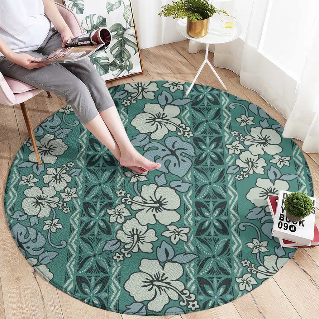 Hawaii Vintage Green Hibiscus Tapa Pattern Round Carpet