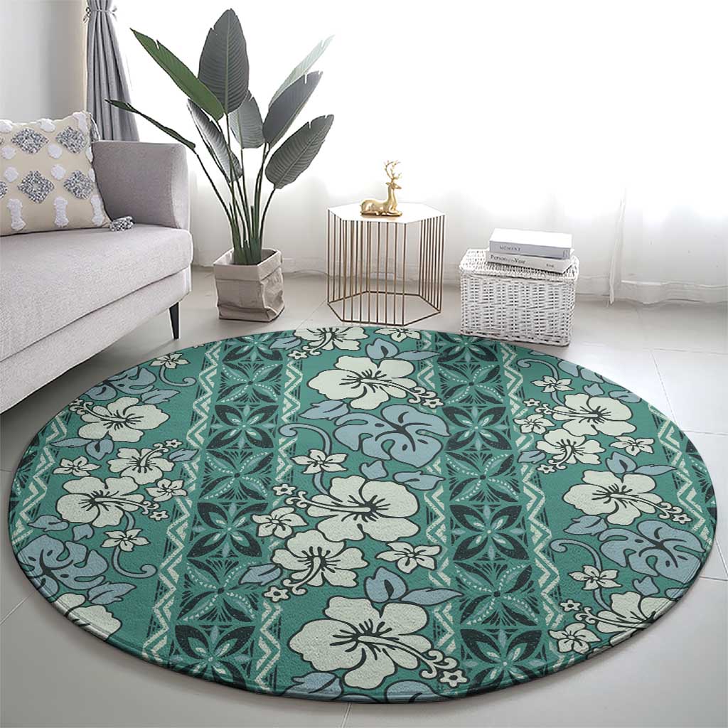 Hawaii Vintage Green Hibiscus Tapa Pattern Round Carpet
