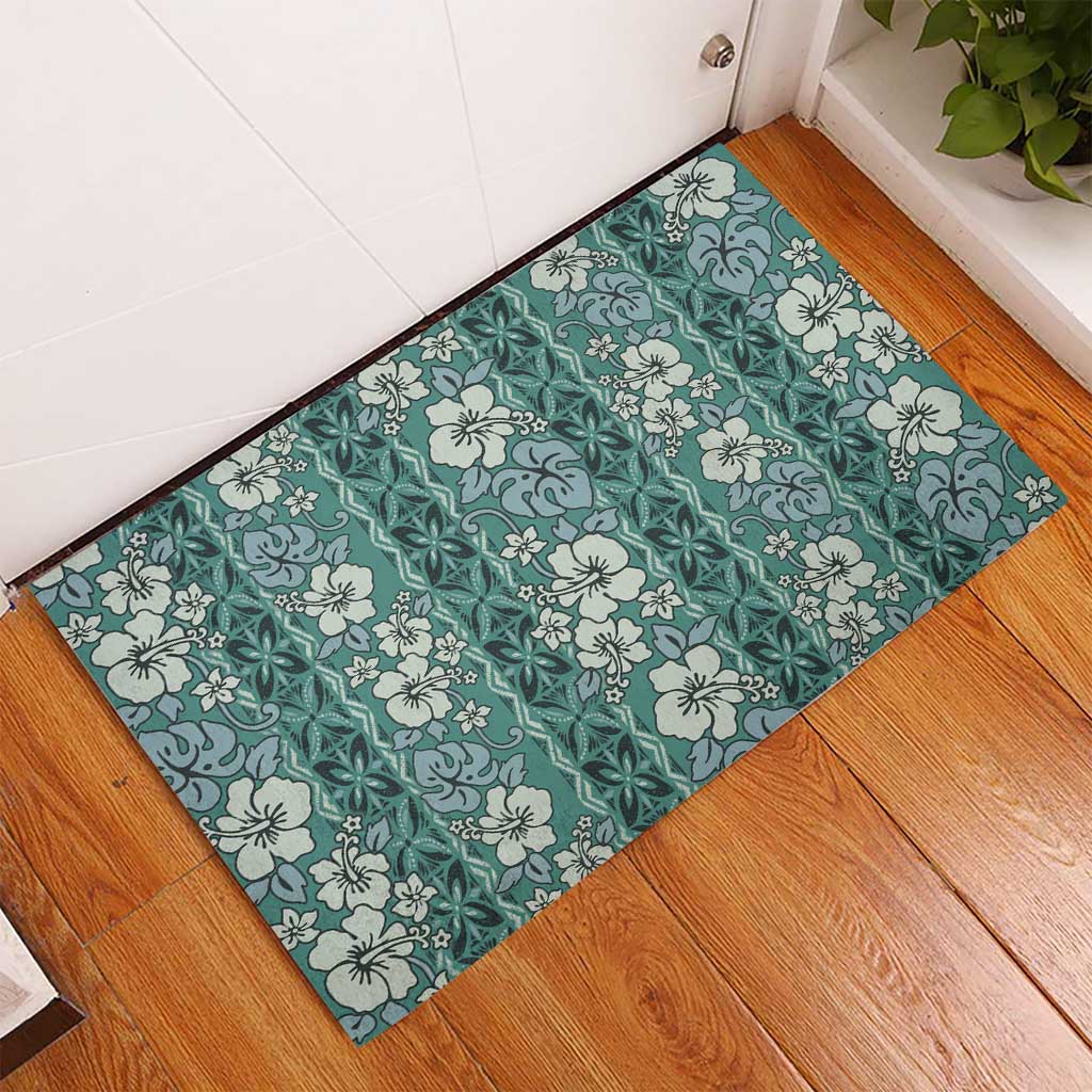 Hawaii Vintage Green Hibiscus Tapa Pattern Rubber Doormat