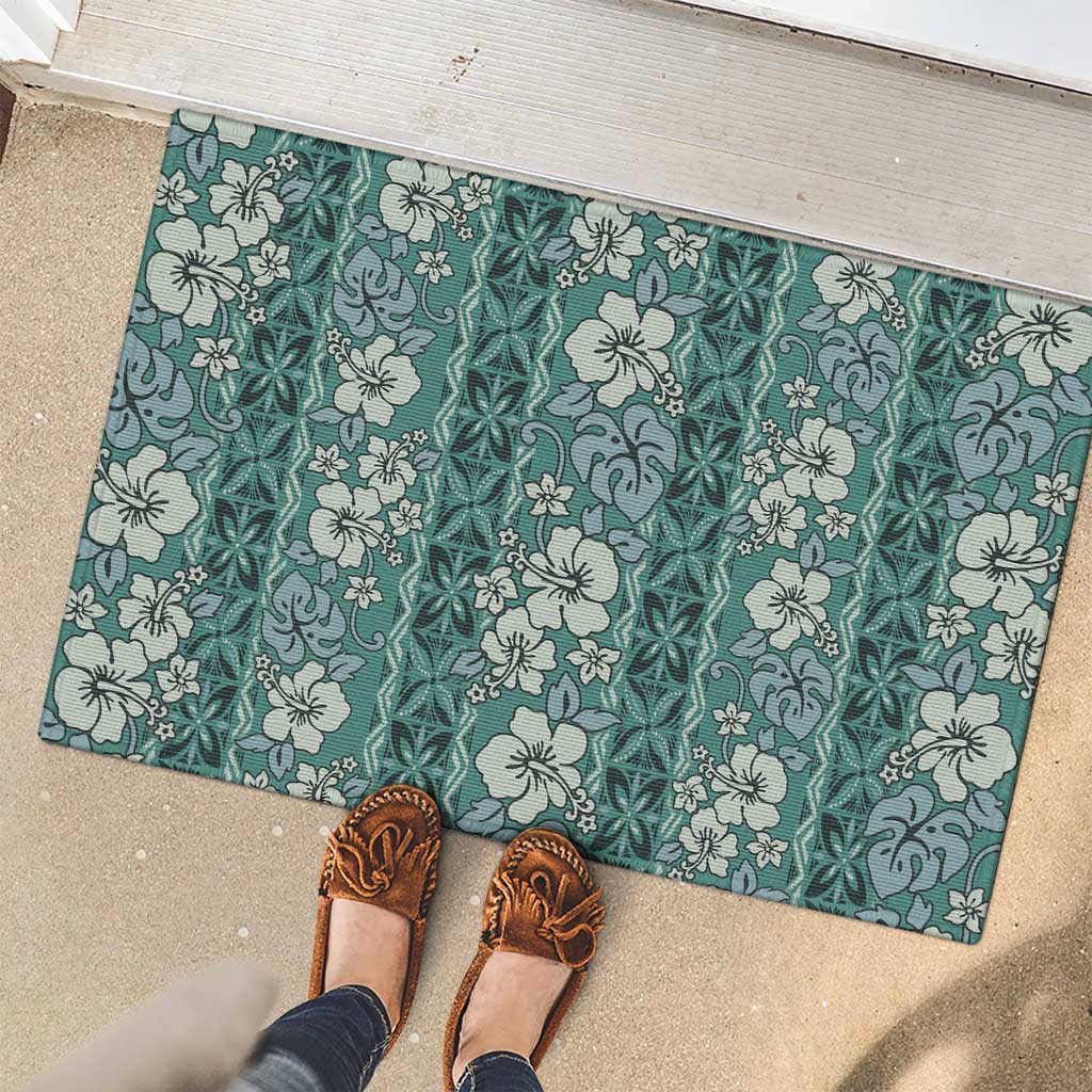Hawaii Vintage Green Hibiscus Tapa Pattern Rubber Doormat