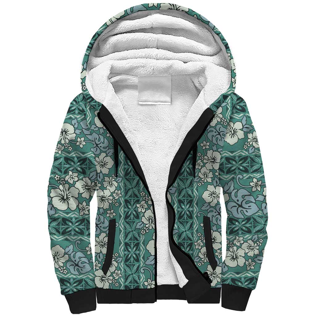 Hawaii Vintage Green Hibiscus Tapa Pattern Sherpa Hoodie