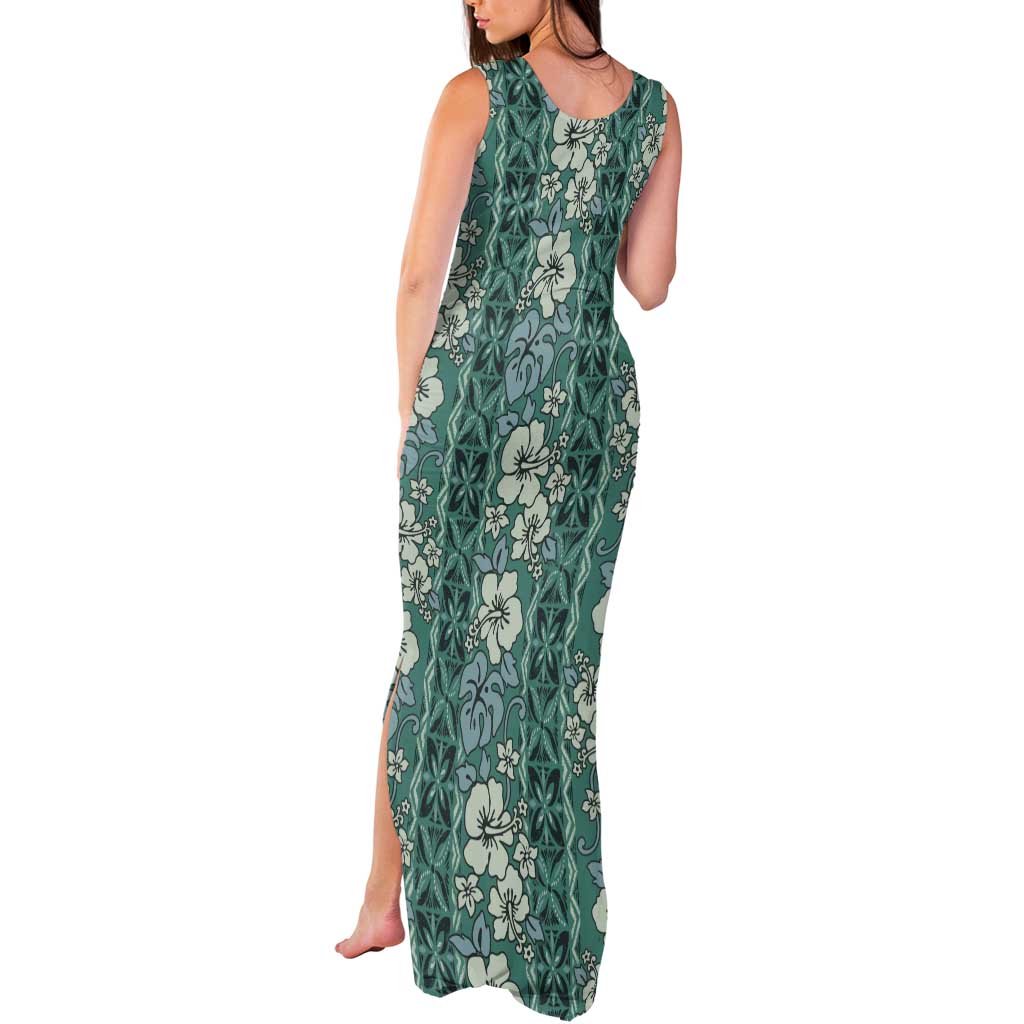 Hawaii Vintage Green Hibiscus Tapa Pattern Tank Maxi Dress