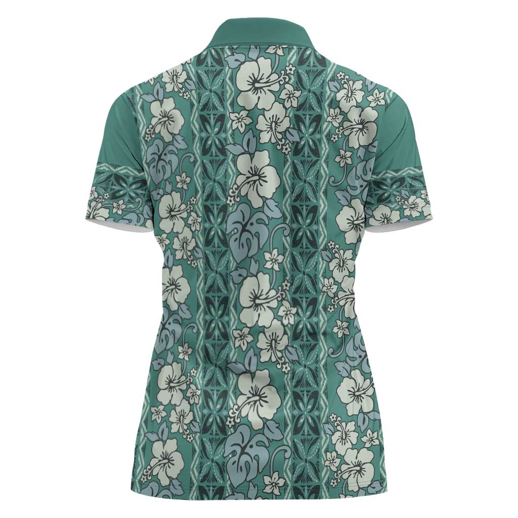 Hawaii Vintage Green Hibiscus Tapa Pattern Women Polo Shirt