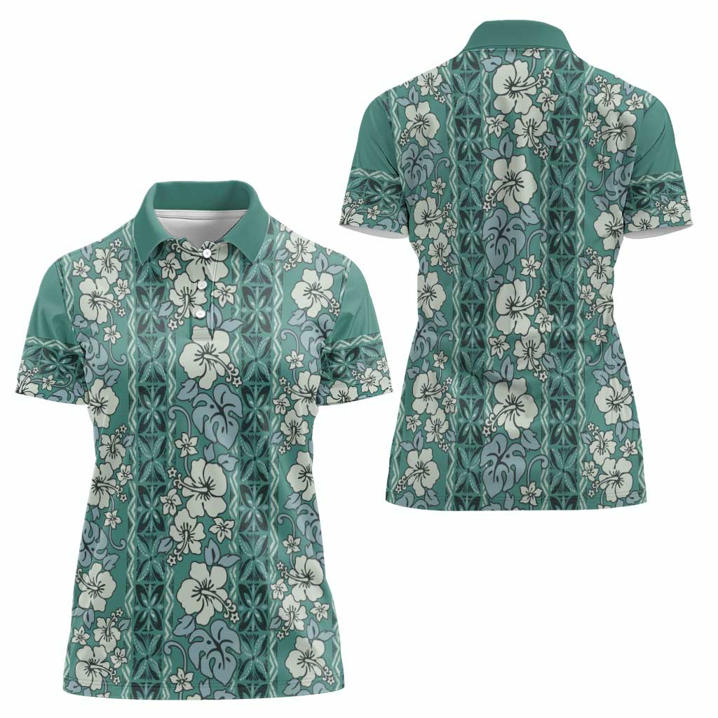 Hawaii Vintage Green Hibiscus Tapa Pattern Women Polo Shirt