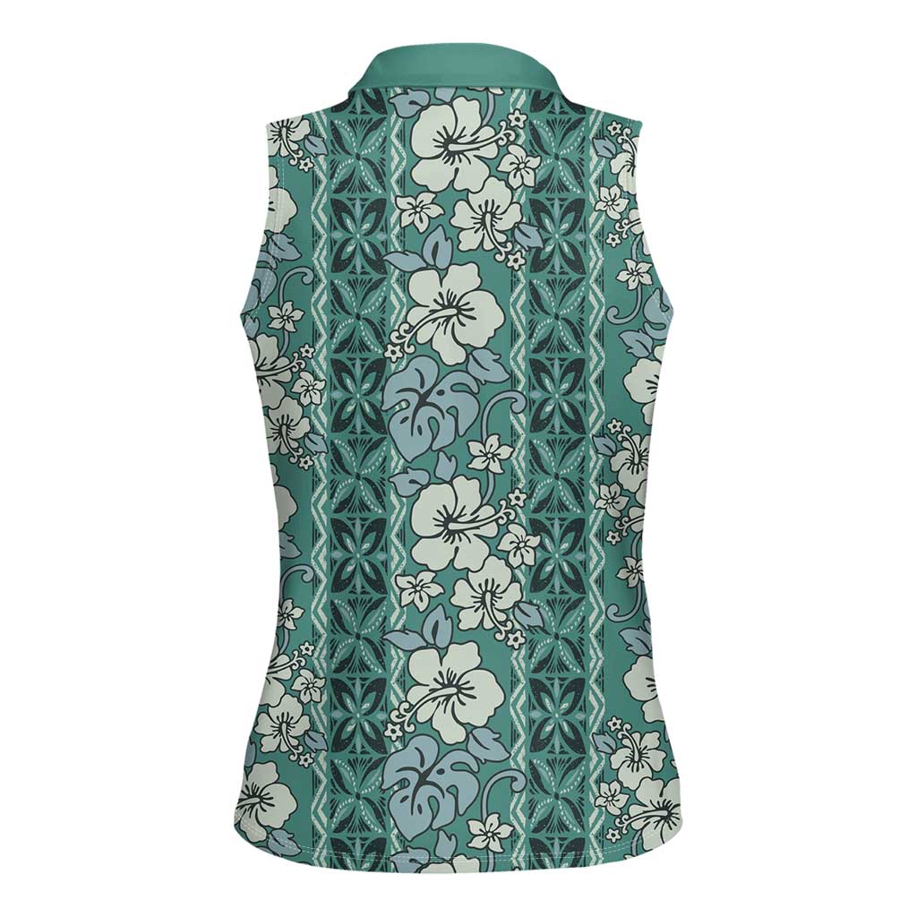 Hawaii Vintage Green Hibiscus Tapa Pattern Women Sleeveless Polo Shirt