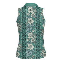 Hawaii Vintage Green Hibiscus Tapa Pattern Women Sleeveless Polo Shirt