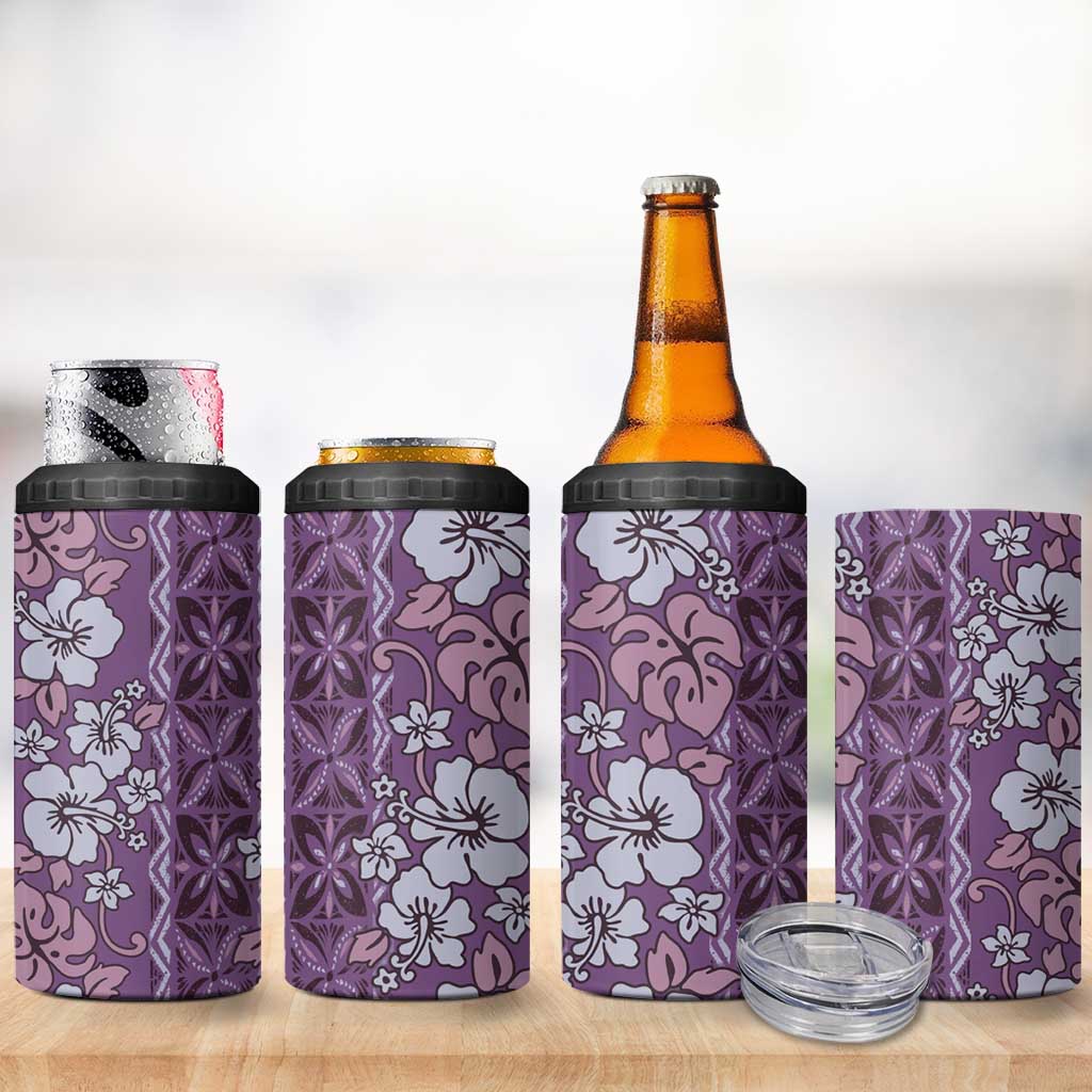 Hawaii Vintage Violet Hibiscus Tapa Pattern 4 in 1 Can Cooler Tumbler