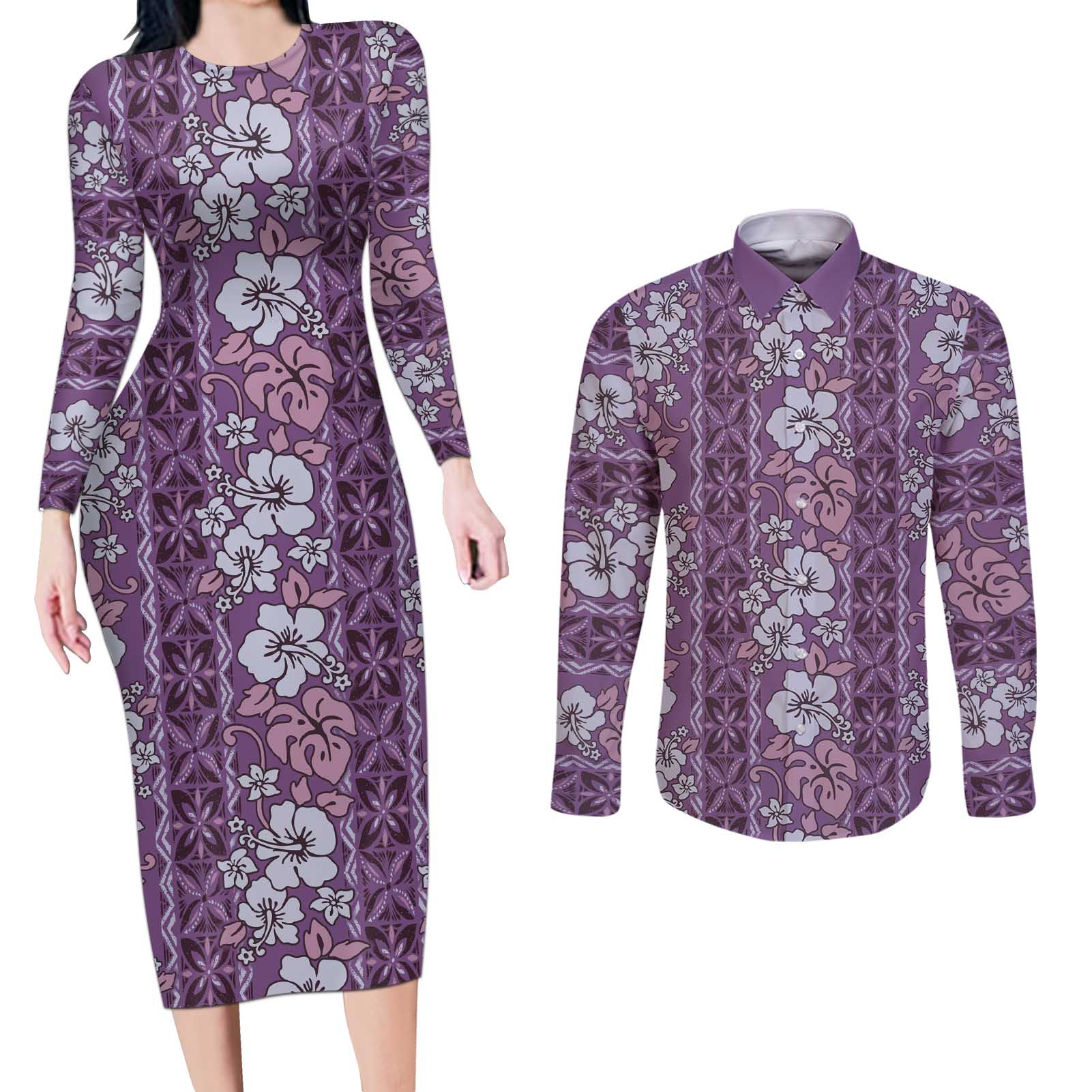 Hawaii Vintage Violet Hibiscus Tapa Pattern Couples Matching Long Sleeve Bodycon Dress and Long Sleeve Button Shirt