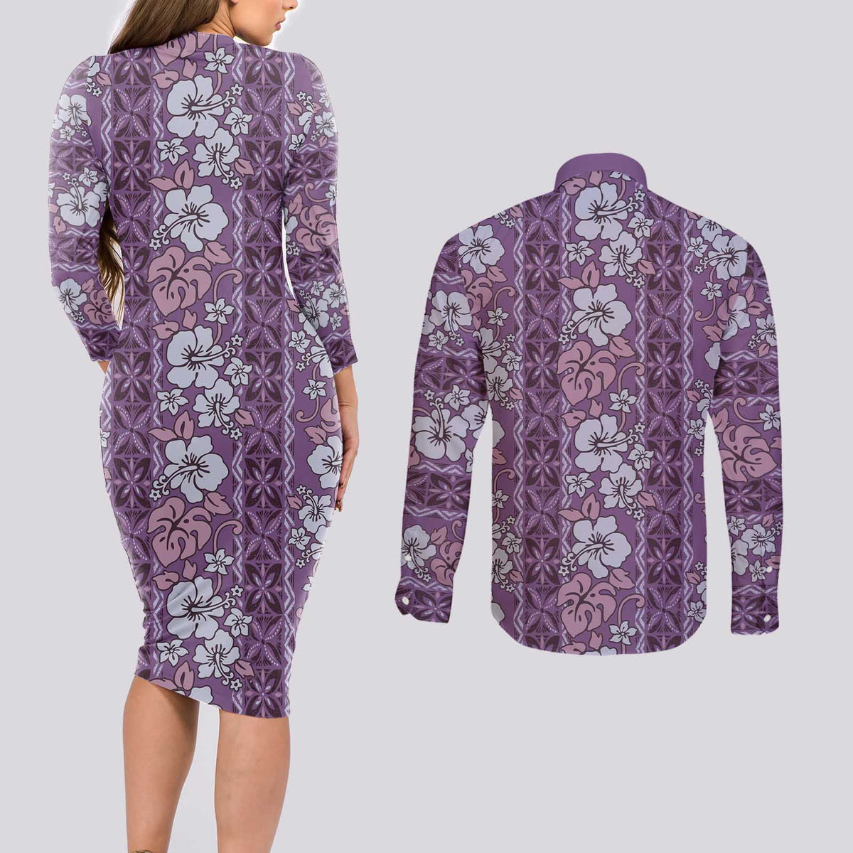 Hawaii Vintage Violet Hibiscus Tapa Pattern Couples Matching Long Sleeve Bodycon Dress and Long Sleeve Button Shirt