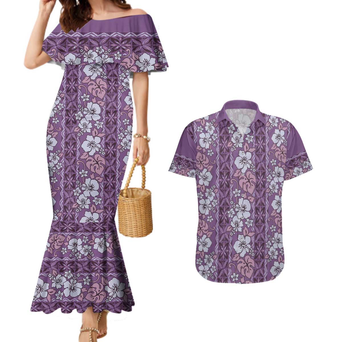 Hawaii Vintage Violet Hibiscus Tapa Pattern Couples Matching Mermaid Dress and Hawaiian Shirt