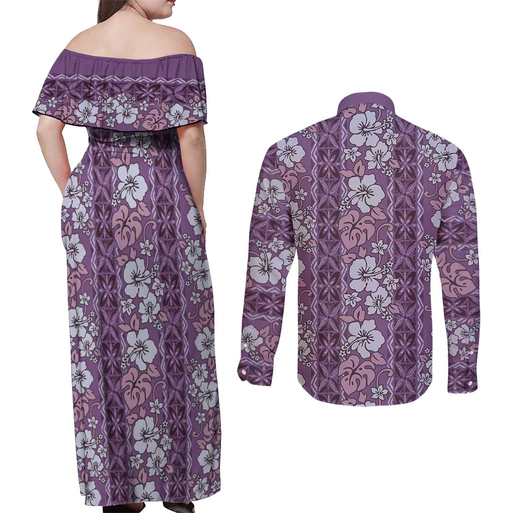 Hawaii Vintage Violet Hibiscus Tapa Pattern Couples Matching Off Shoulder Maxi Dress and Long Sleeve Button Shirt