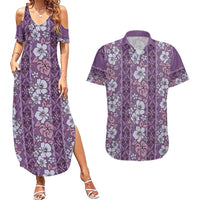 Hawaii Vintage Violet Hibiscus Tapa Pattern Couples Matching Summer Maxi Dress and Hawaiian Shirt