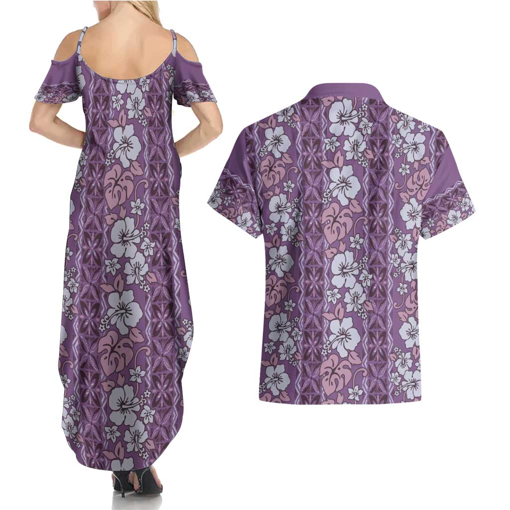 Hawaii Vintage Violet Hibiscus Tapa Pattern Couples Matching Summer Maxi Dress and Hawaiian Shirt