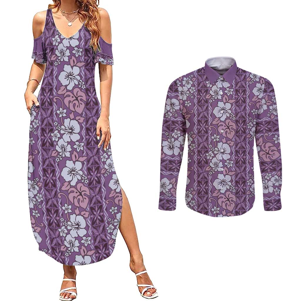 Hawaii Vintage Violet Hibiscus Tapa Pattern Couples Matching Summer Maxi Dress and Long Sleeve Button Shirt