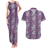 Hawaii Vintage Violet Hibiscus Tapa Pattern Couples Matching Tank Maxi Dress and Hawaiian Shirt
