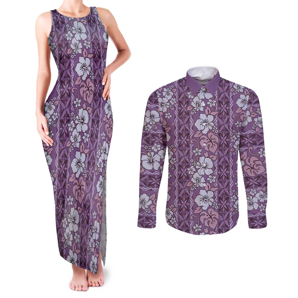 Hawaii Vintage Violet Hibiscus Tapa Pattern Couples Matching Tank Maxi Dress and Long Sleeve Button Shirt