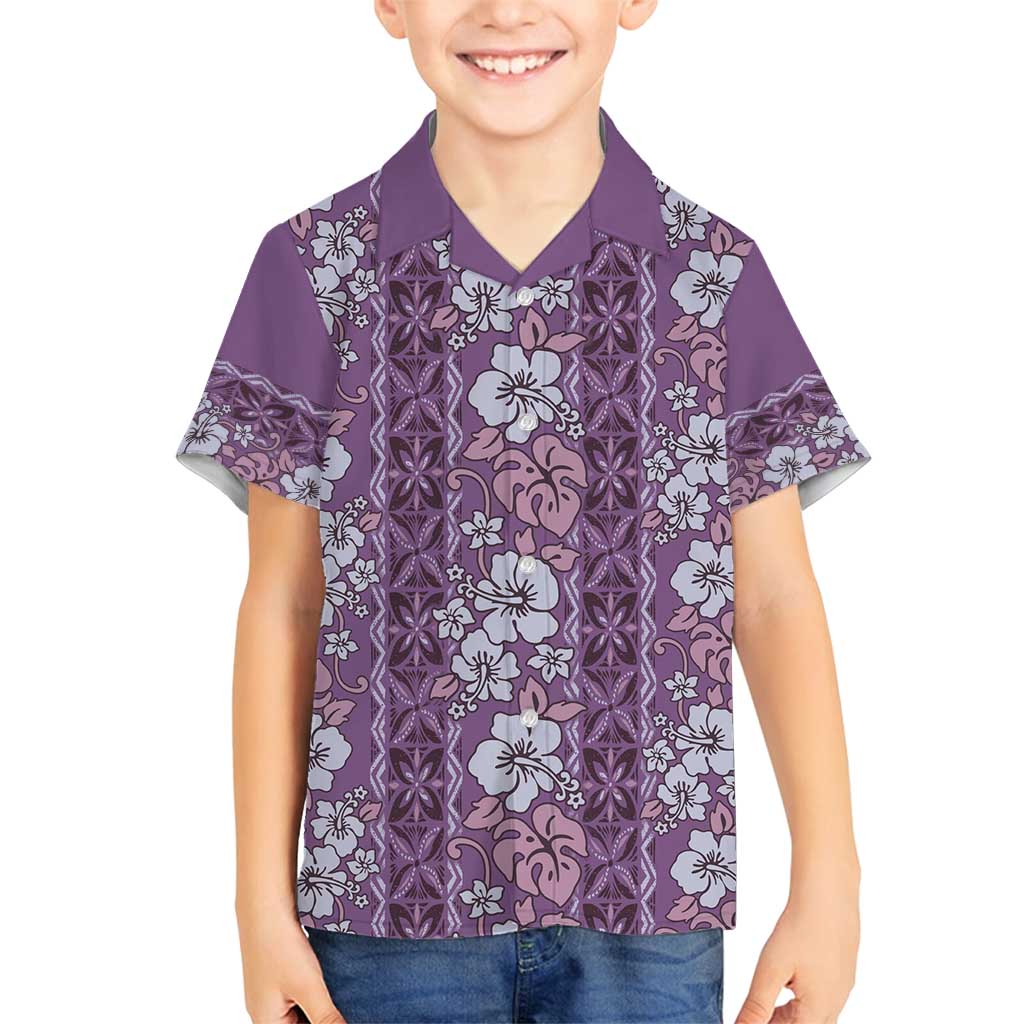 Hawaii Vintage Violet Hibiscus Tapa Pattern Family Matching Long Sleeve Bodycon Dress and Hawaiian Shirt