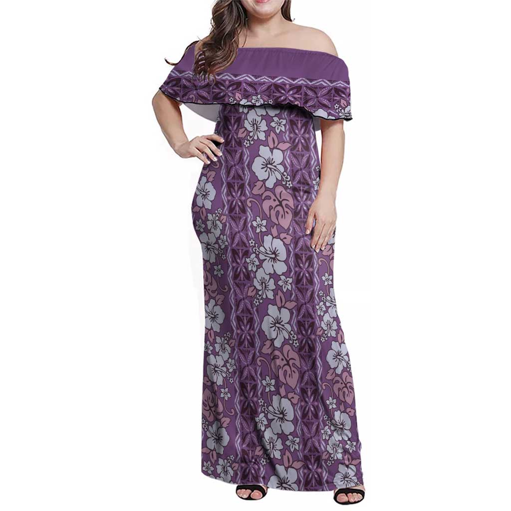 Hawaii Vintage Violet Hibiscus Tapa Pattern Family Matching Off Shoulder Maxi Dress and Hawaiian Shirt