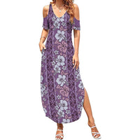Hawaii Vintage Violet Hibiscus Tapa Pattern Family Matching Summer Maxi Dress and Hawaiian Shirt