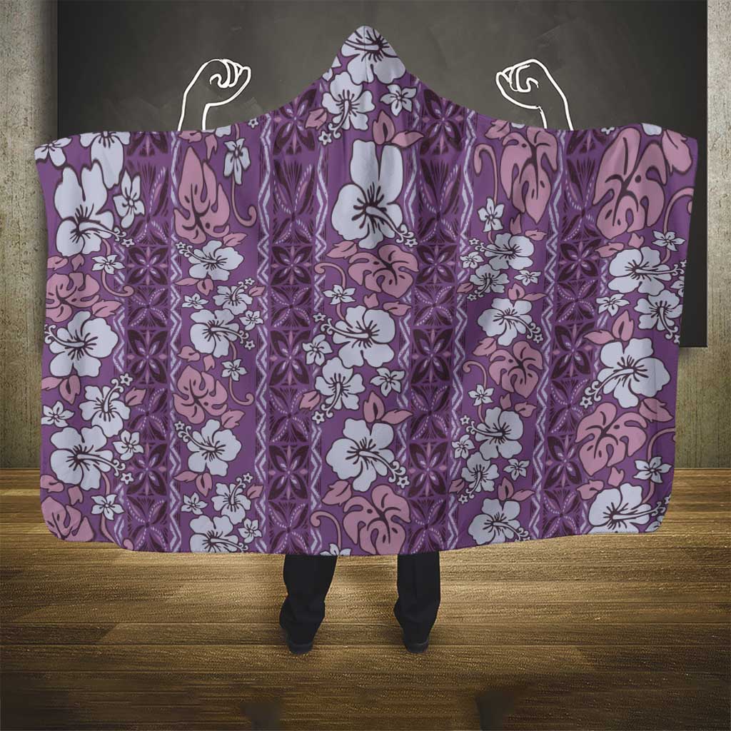 Hawaii Vintage Violet Hibiscus Tapa Pattern Hooded Blanket