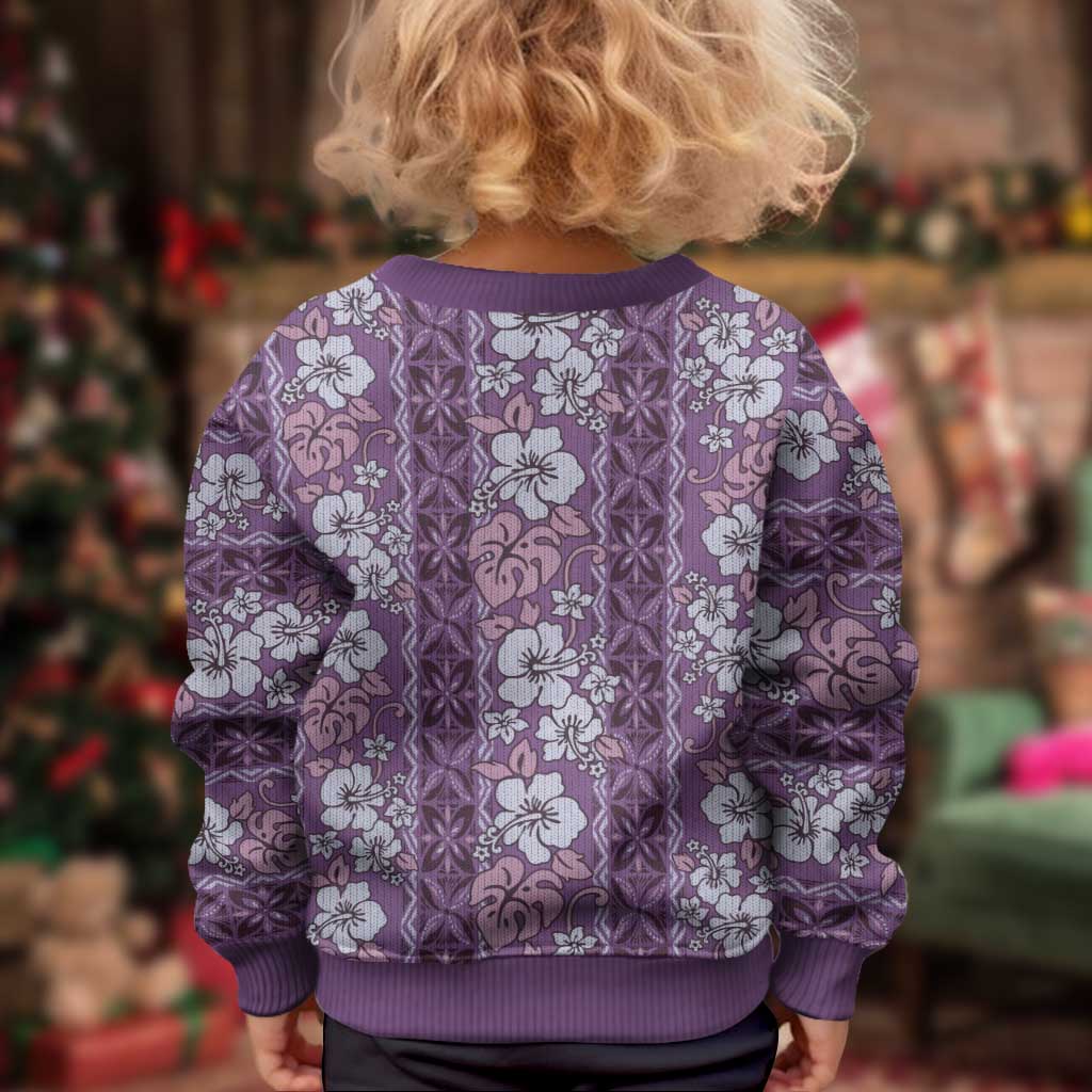 Hawaii Vintage Violet Hibiscus Tapa Pattern Kid Ugly Christmas Sweater