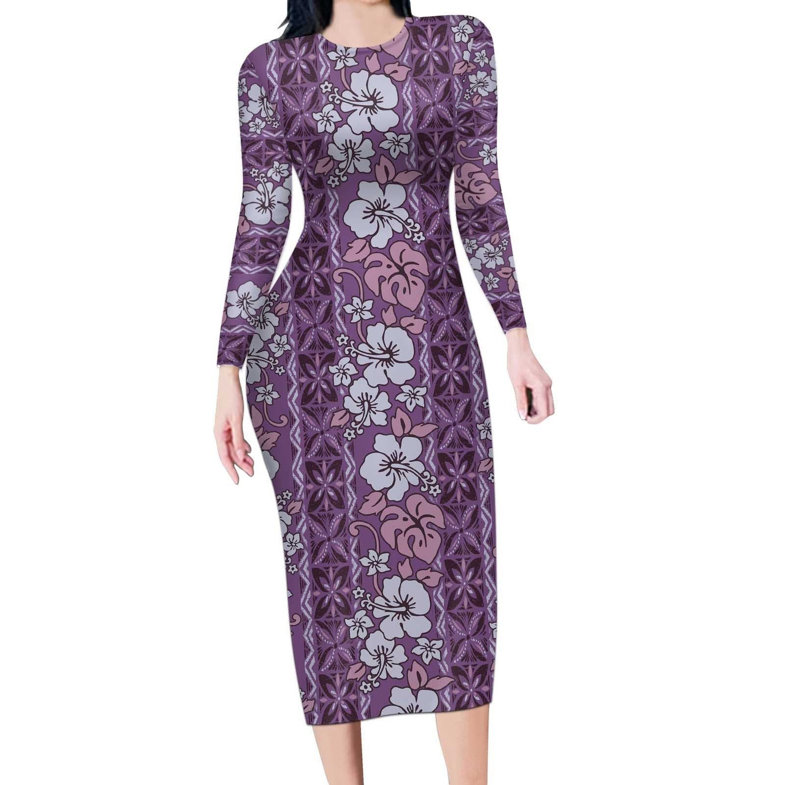 Hawaii Vintage Violet Hibiscus Tapa Pattern Long Sleeve Bodycon Dress
