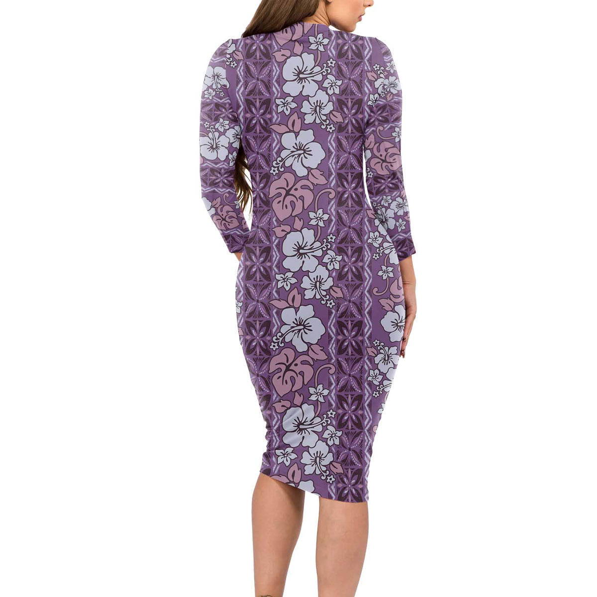 Hawaii Vintage Violet Hibiscus Tapa Pattern Long Sleeve Bodycon Dress