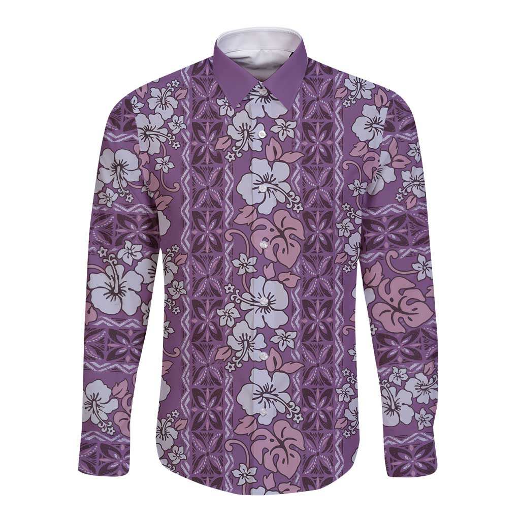 Hawaii Vintage Violet Hibiscus Tapa Pattern Long Sleeve Button Shirt