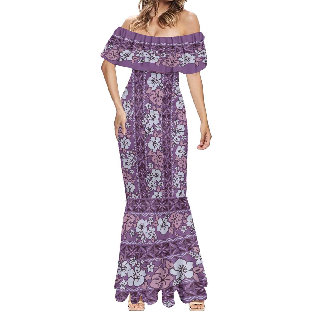 Hawaii Vintage Violet Hibiscus Tapa Pattern Mermaid Dress