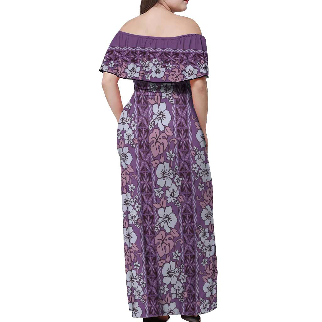 Hawaii Vintage Violet Hibiscus Tapa Pattern Off Shoulder Maxi Dress