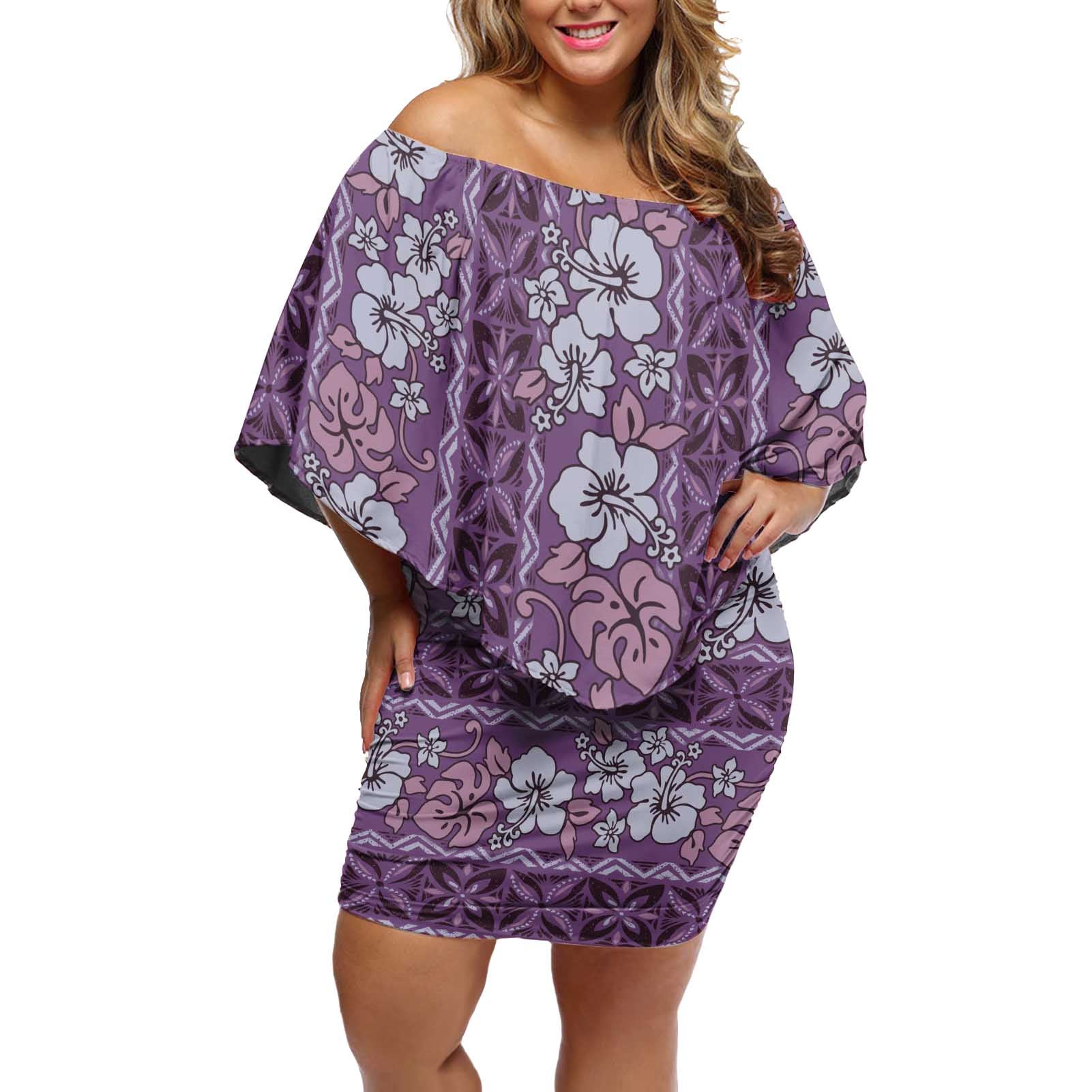 Hawaii Vintage Violet Hibiscus Tapa Pattern Off Shoulder Short Dress