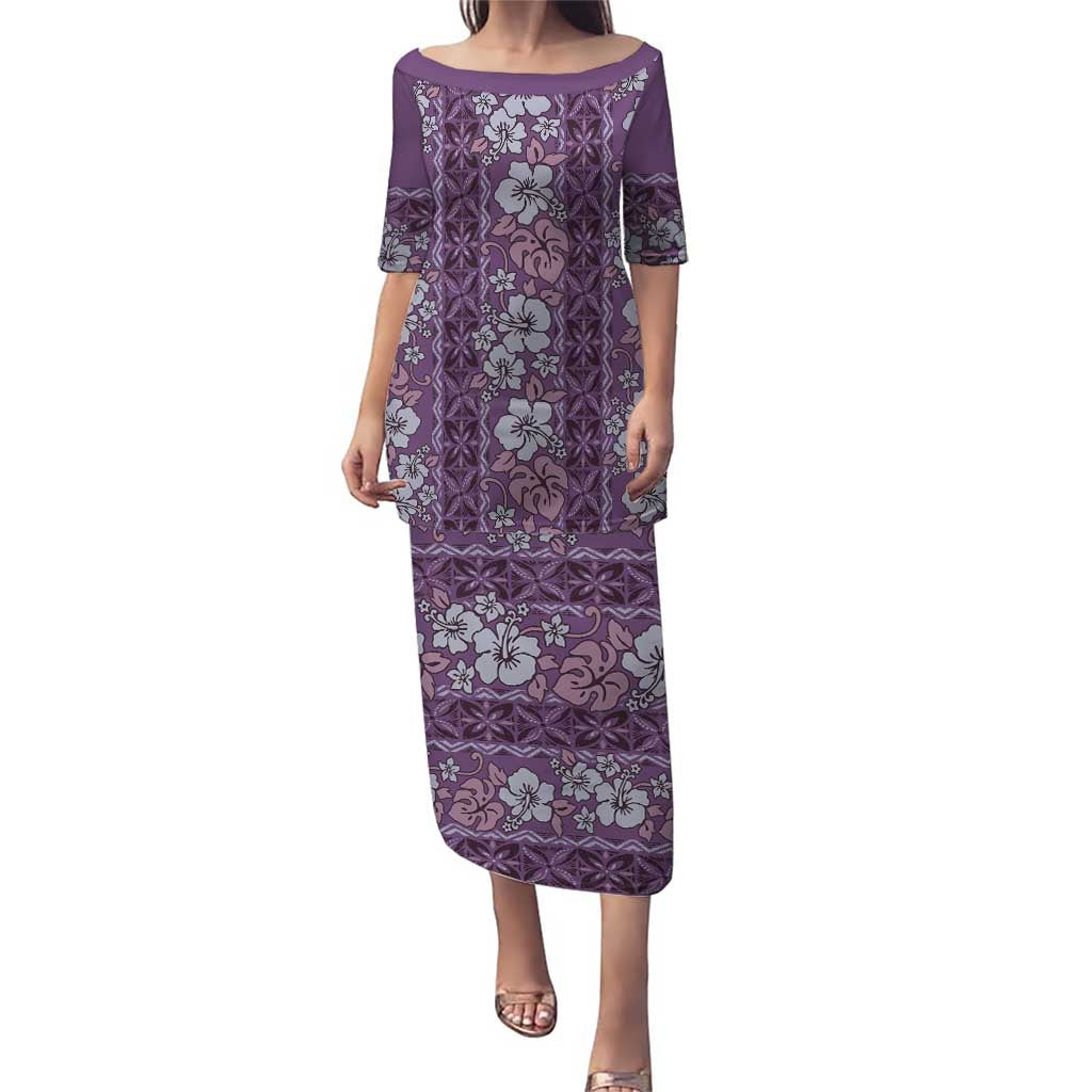 Hawaii Vintage Violet Hibiscus Tapa Pattern Puletasi