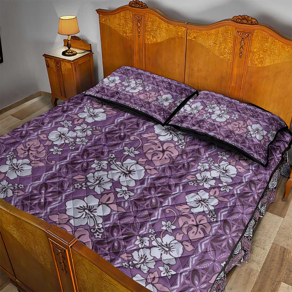 Hawaii Vintage Violet Hibiscus Tapa Pattern Quilt Bed Set