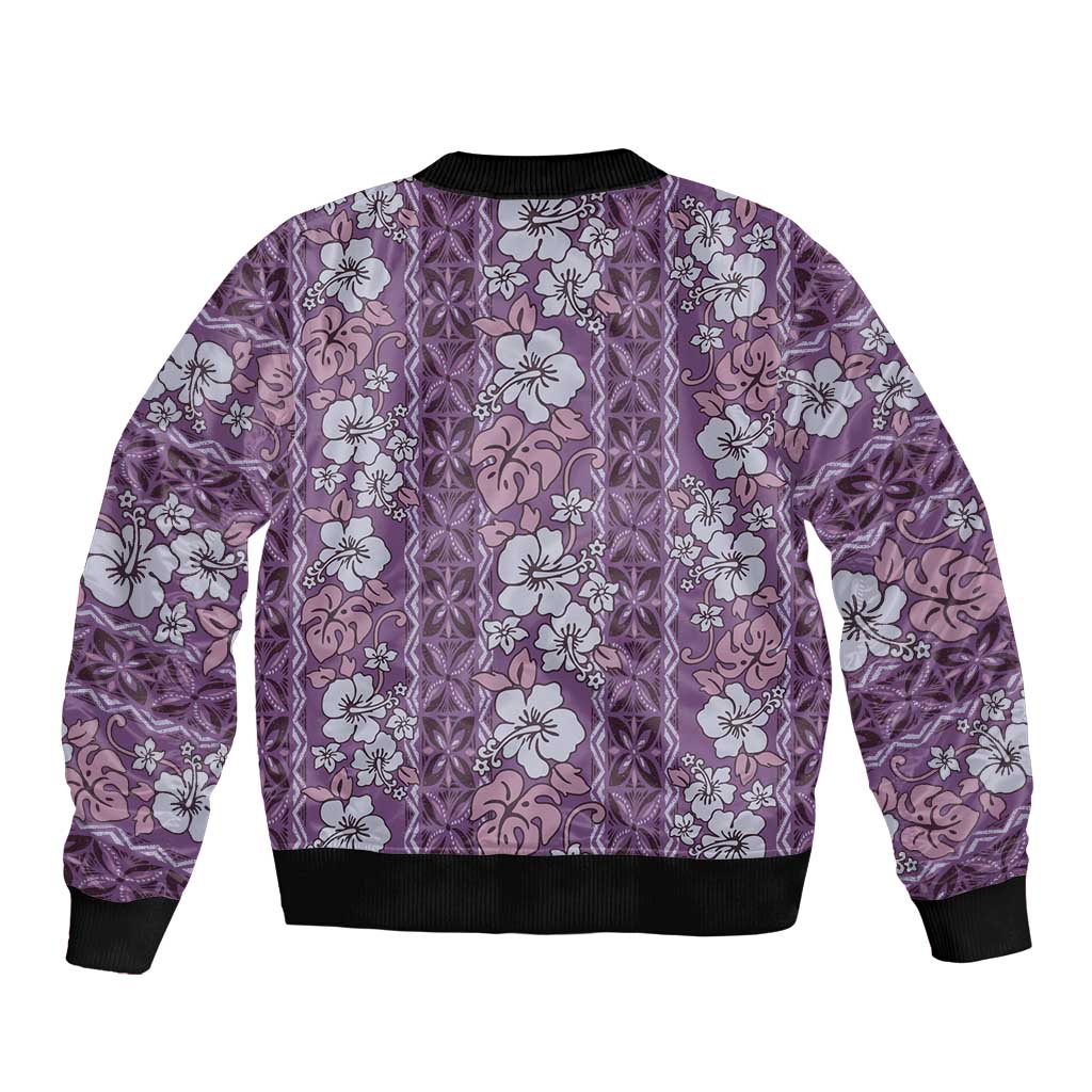 Hawaii Vintage Violet Hibiscus Tapa Pattern Sleeve Zip Bomber Jacket