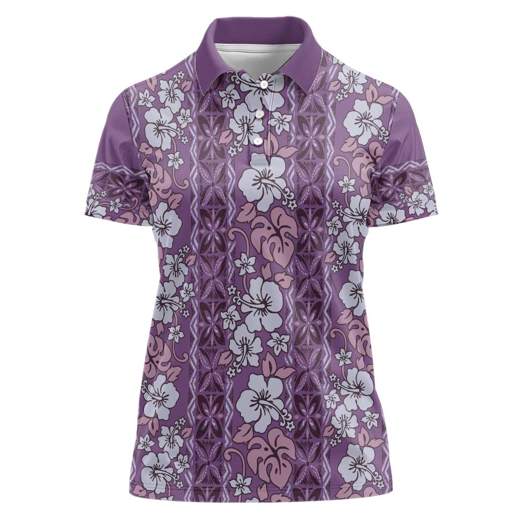Hawaii Vintage Violet Hibiscus Tapa Pattern Women Polo Shirt