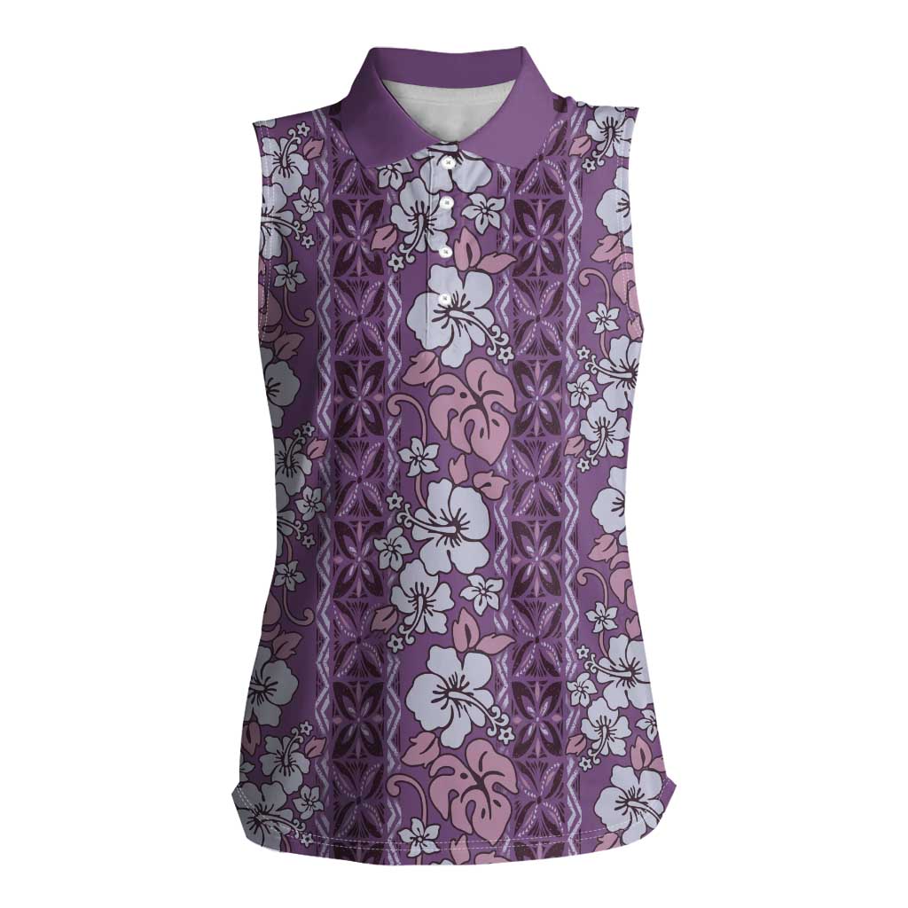 Hawaii Vintage Violet Hibiscus Tapa Pattern Women Sleeveless Polo Shirt LT05 Female Violet - Polynesian Pride