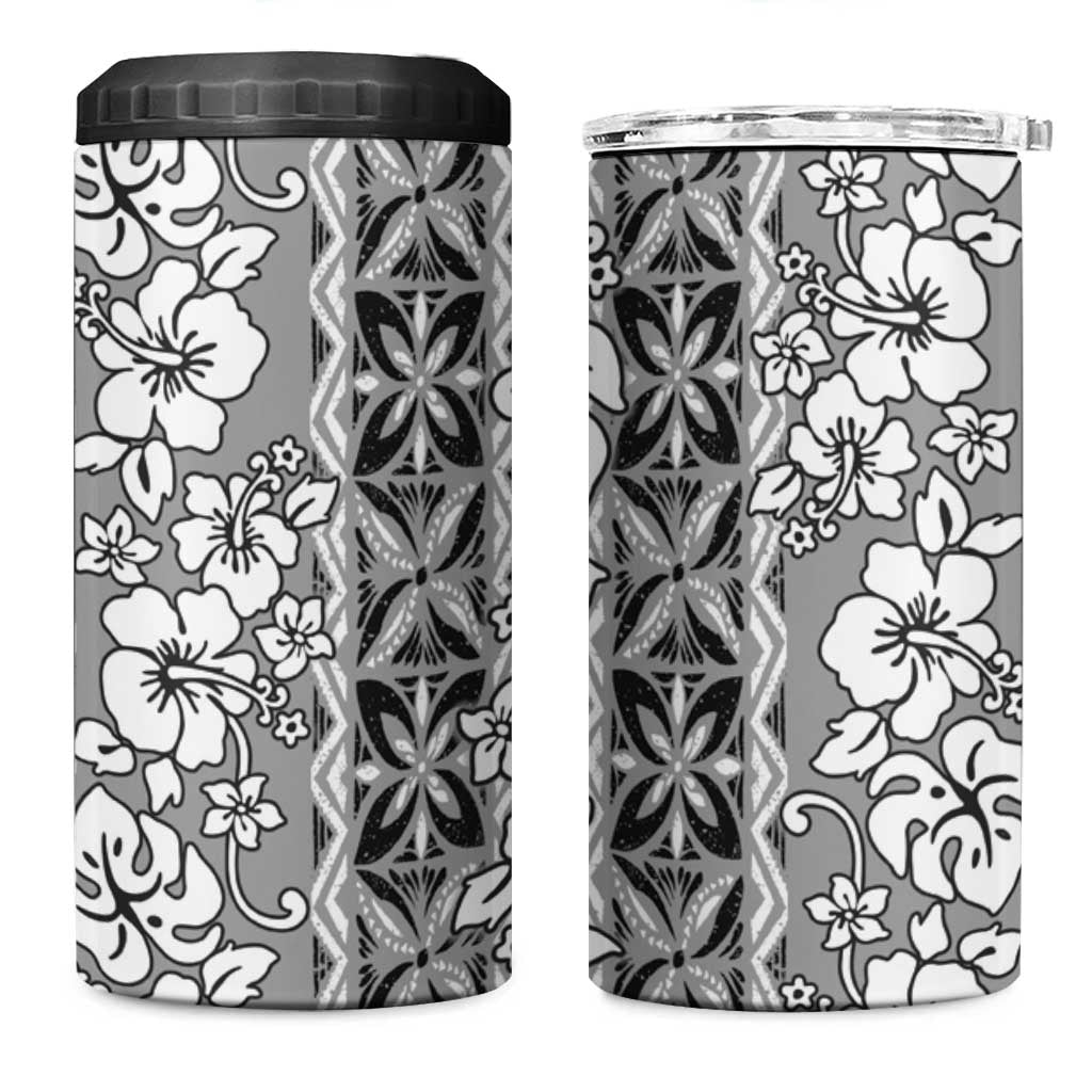 Hawaii Vintage Gray Hibiscus Tapa Pattern 4 in 1 Can Cooler Tumbler