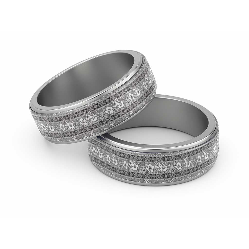 Hawaii Vintage Gray Hibiscus Tapa Pattern Classic Ring LT05 Sliver Gray - Polynesian Pride