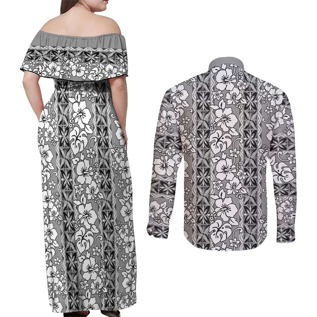 Hawaii Vintage Gray Hibiscus Tapa Pattern Couples Matching Off Shoulder Maxi Dress and Long Sleeve Button Shirt
