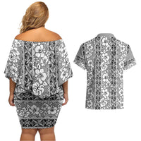 Hawaii Vintage Gray Hibiscus Tapa Pattern Couples Matching Off Shoulder Short Dress and Hawaiian Shirt