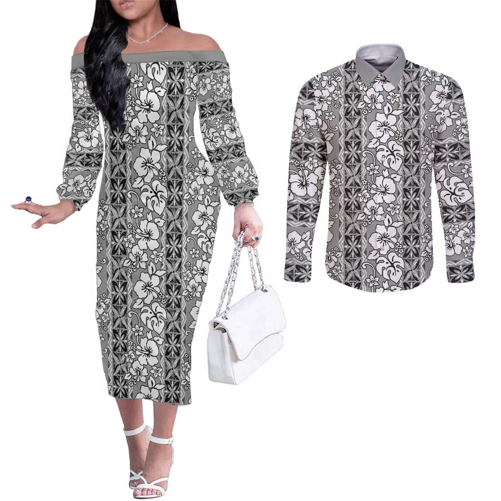 Hawaii Vintage Gray Hibiscus Tapa Pattern Couples Matching Off The Shoulder Long Sleeve Dress and Long Sleeve Button Shirt
