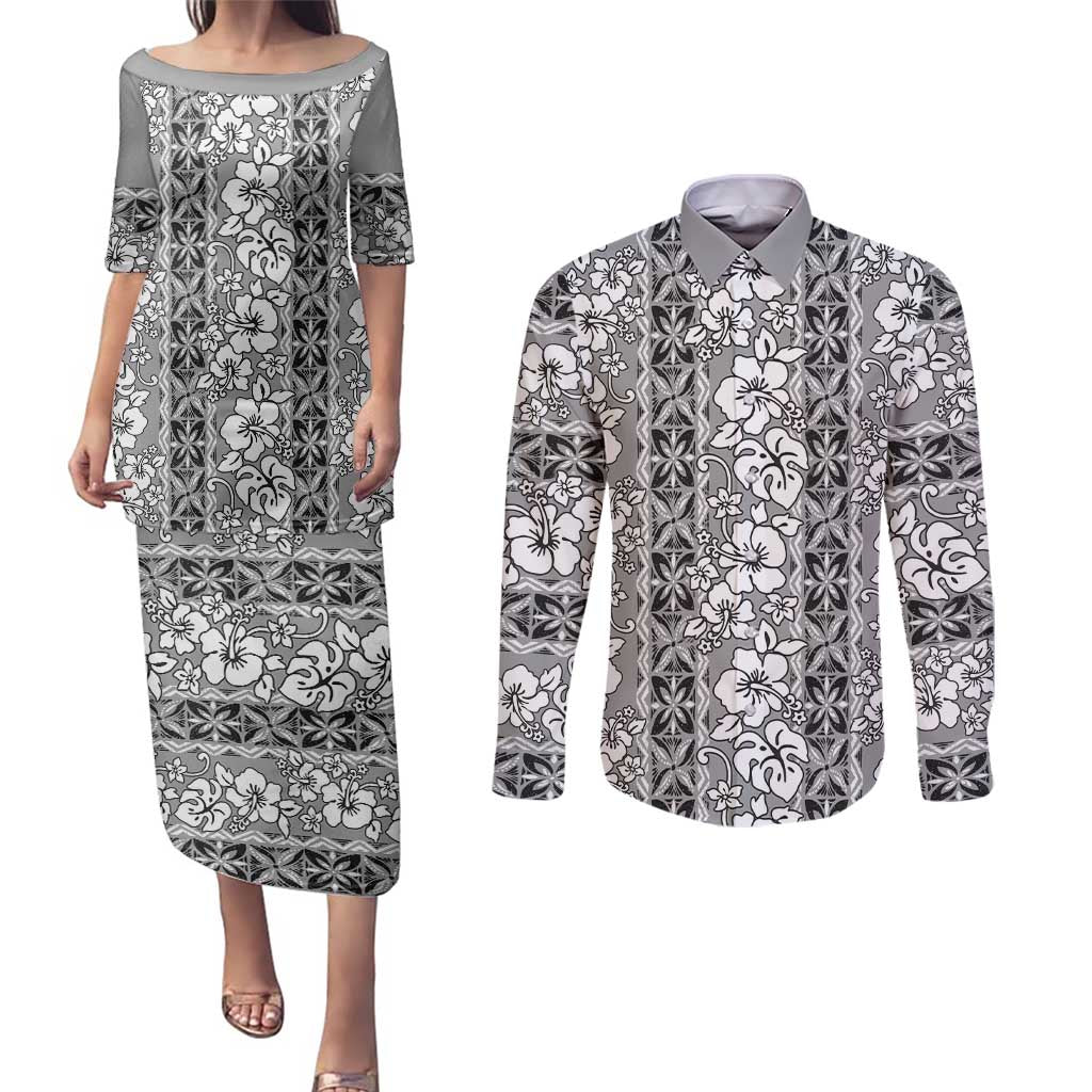 Hawaii Vintage Gray Hibiscus Tapa Pattern Couples Matching Puletasi and Long Sleeve Button Shirt