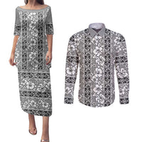 Hawaii Vintage Gray Hibiscus Tapa Pattern Couples Matching Puletasi and Long Sleeve Button Shirt