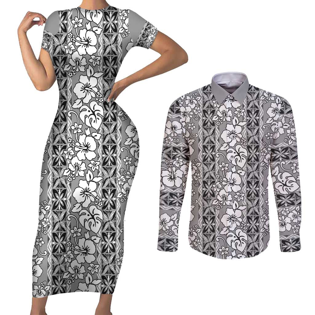 Hawaii Vintage Gray Hibiscus Tapa Pattern Couples Matching Short Sleeve Bodycon Dress and Long Sleeve Button Shirt