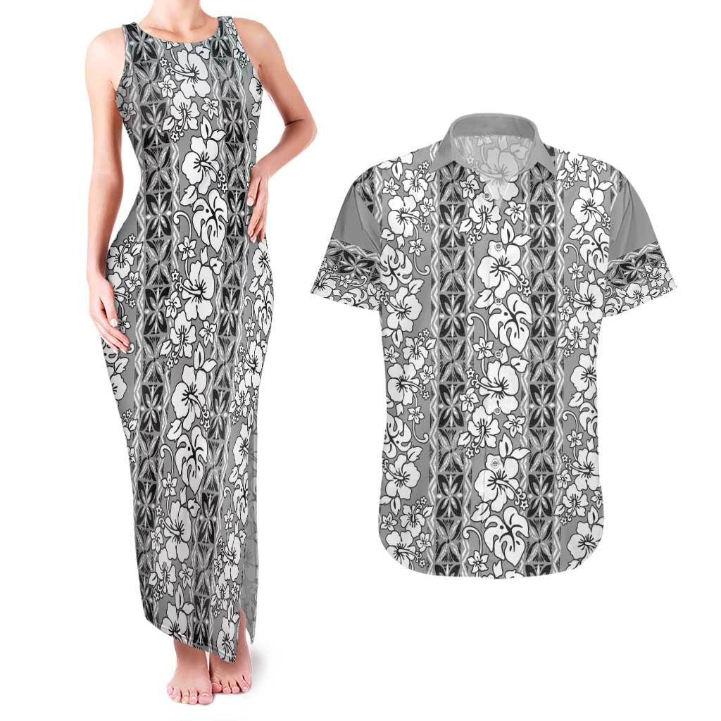 Hawaii Vintage Gray Hibiscus Tapa Pattern Couples Matching Tank Maxi Dress and Hawaiian Shirt