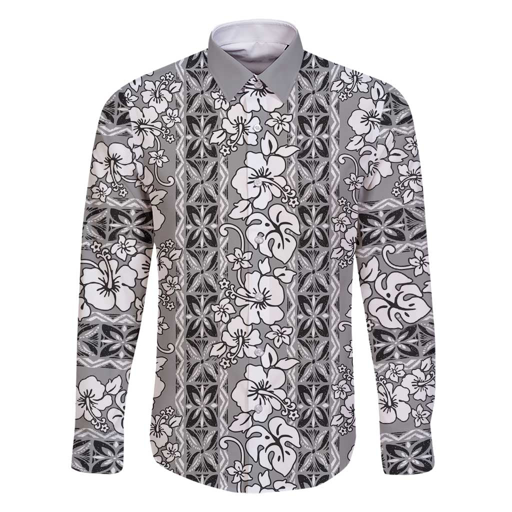 Hawaii Vintage Gray Hibiscus Tapa Pattern Family Matching Off Shoulder Maxi Dress and Hawaiian Shirt