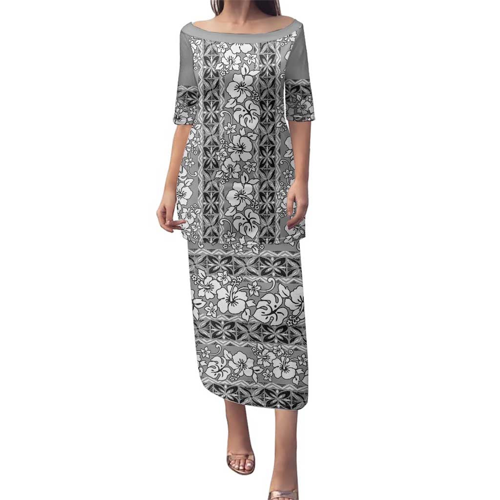 Hawaii Vintage Gray Hibiscus Tapa Pattern Family Matching Puletasi and Hawaiian Shirt
