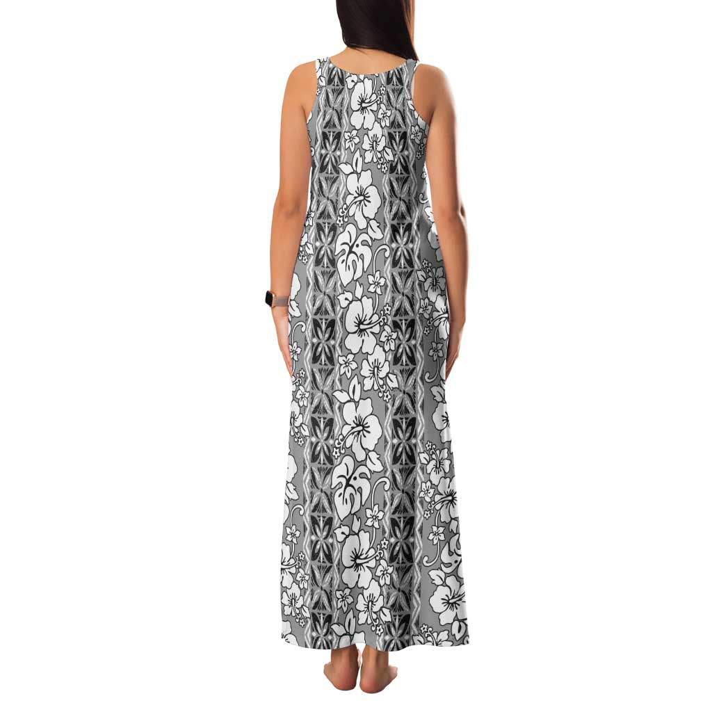 Hawaii Vintage Gray Hibiscus Tapa Pattern Family Matching Tank Maxi Dress and Hawaiian Shirt