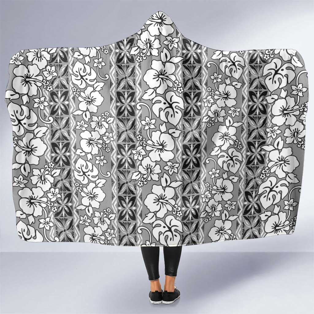 Hawaii Vintage Gray Hibiscus Tapa Pattern Hooded Blanket